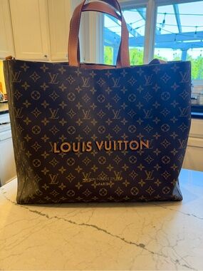 FAUX Inspired Monogram Canvas Shopper Tote with Tan Handles